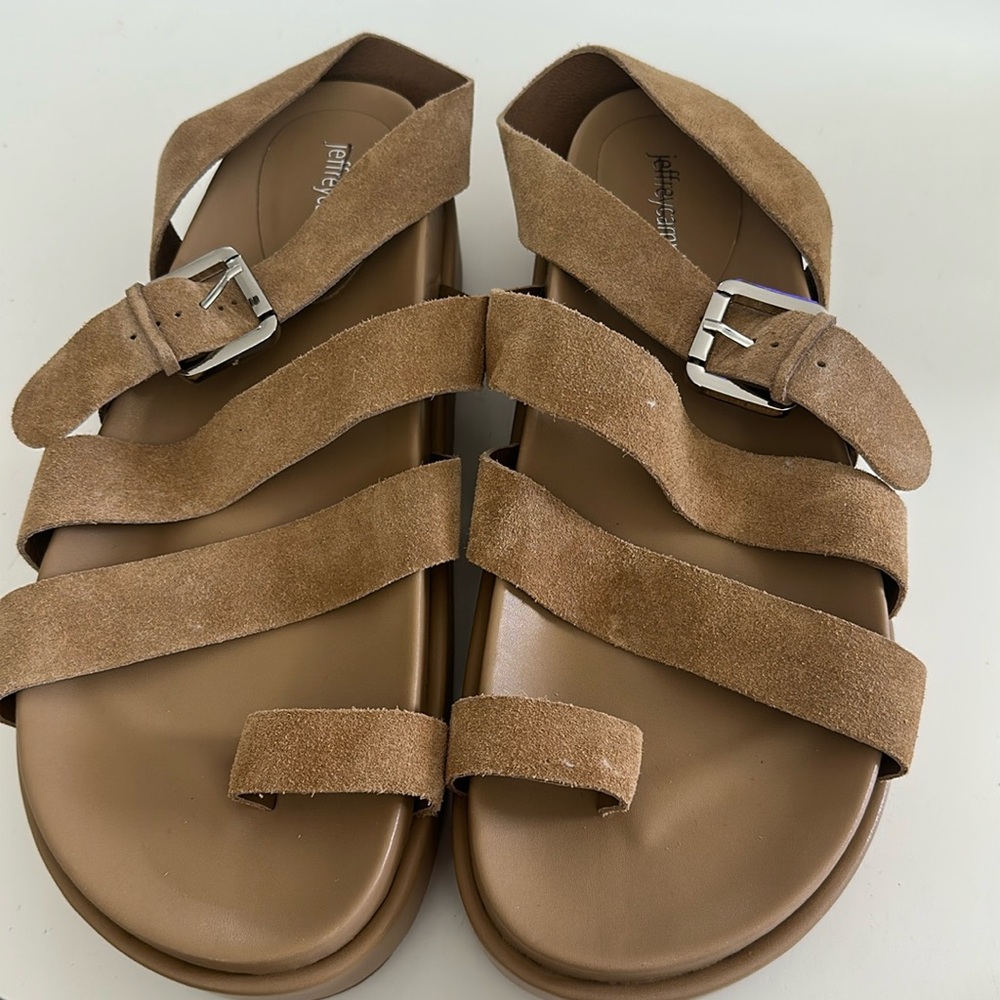 Jeffrey Campbell Tan Getaway Suede Multi-Strap Buckle Sandal sz 8.5 tan
